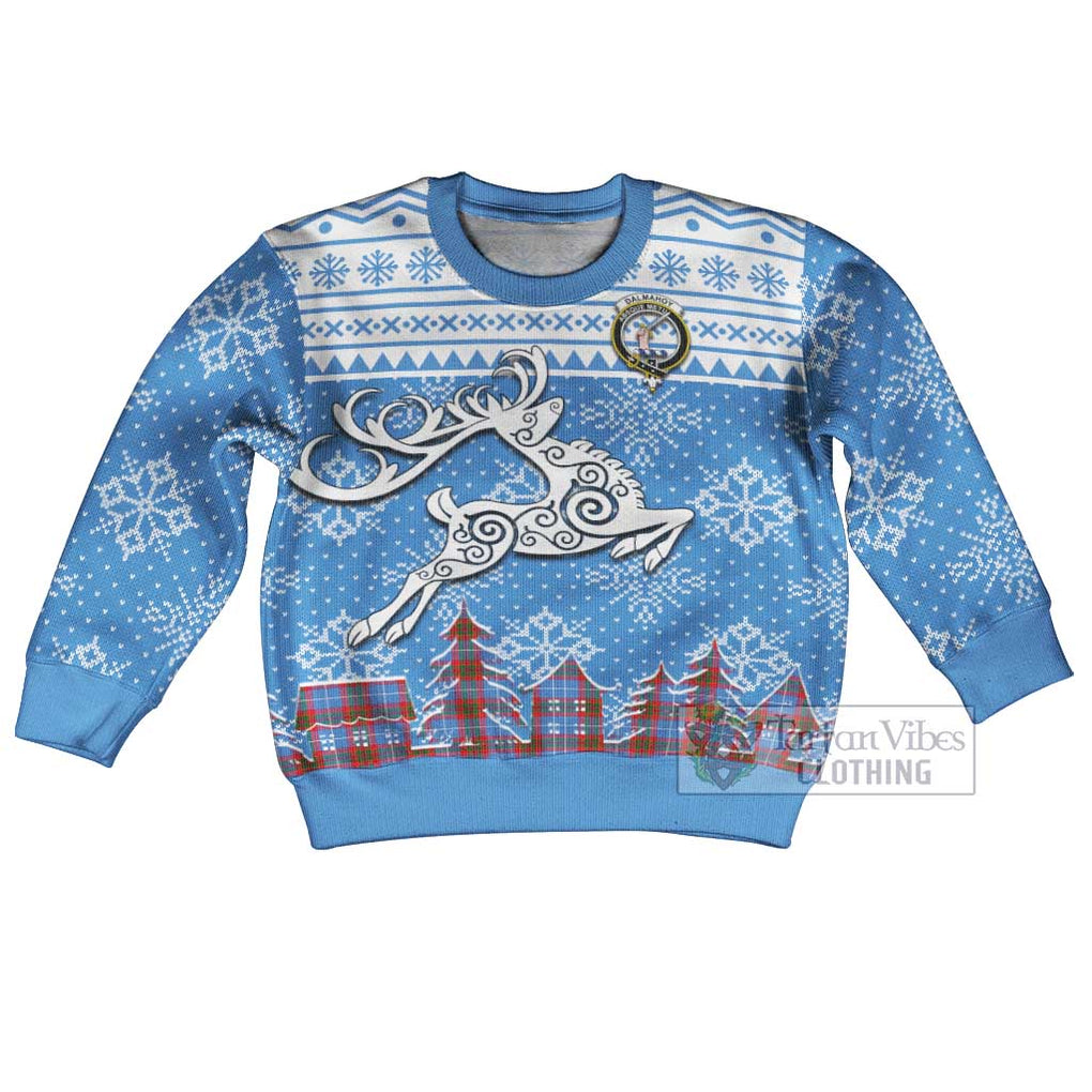 Tartan Vibes Clothing Dalmahoy Clan Christmas Kid Ugly Sweater with Tartan and Celtic Raindeer Style