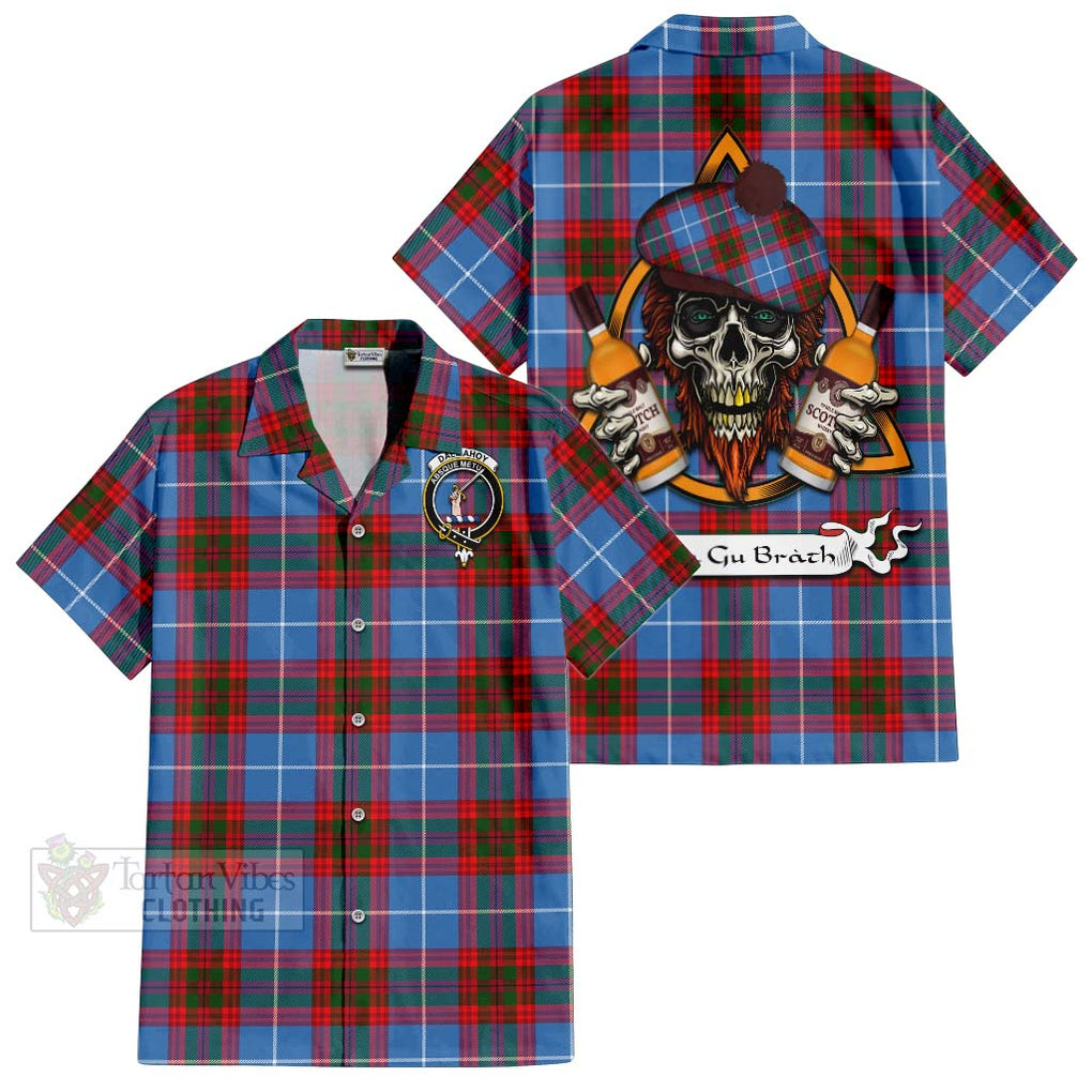 Tartan Vibes Clothing Dalmahoy Tartan Short Sleeve Button Shirt with Family Crest and Bearded Skull Holding Bottles of Whiskey