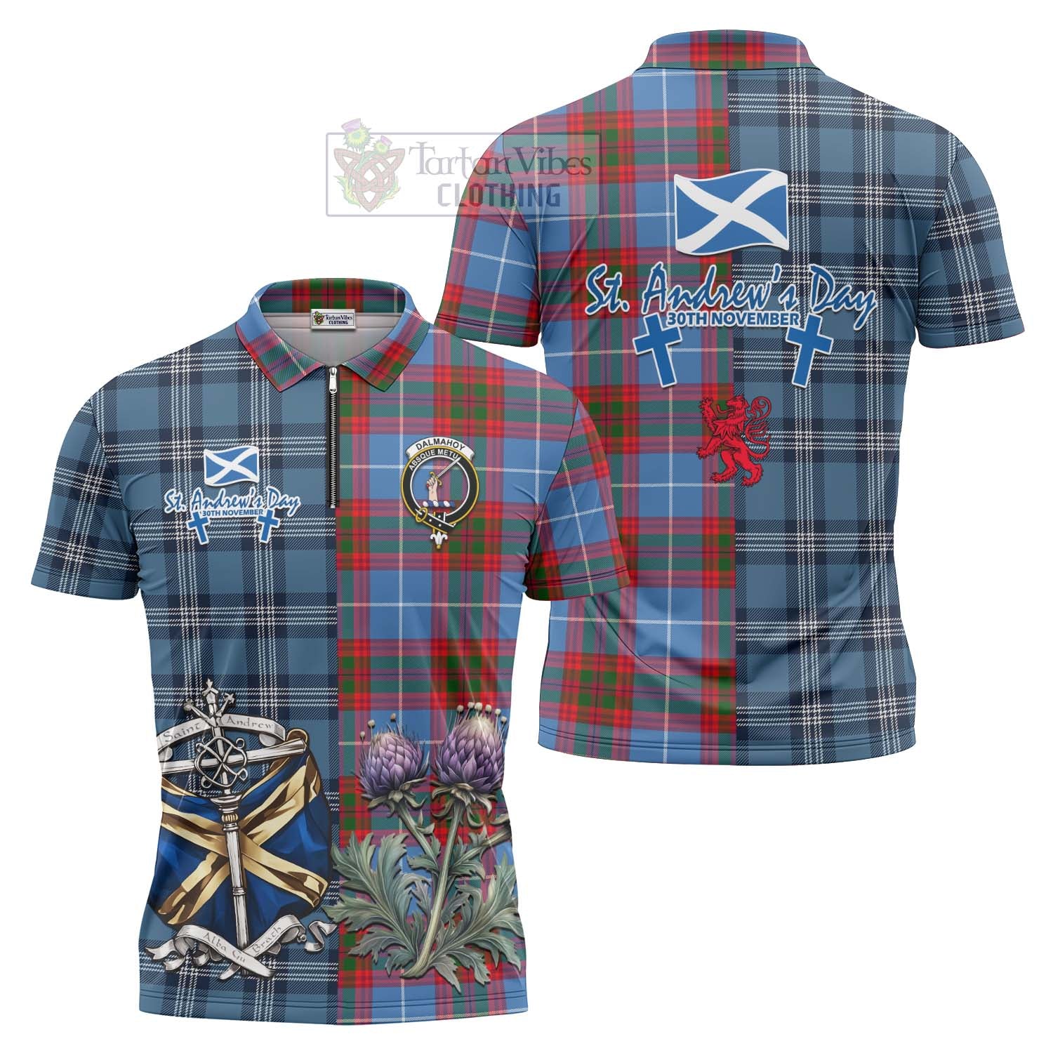 Tartan Vibes Clothing Dalmahoy Tartan Zipper Polo Shirt Happy St. Andrew's Day Half Tartan Style