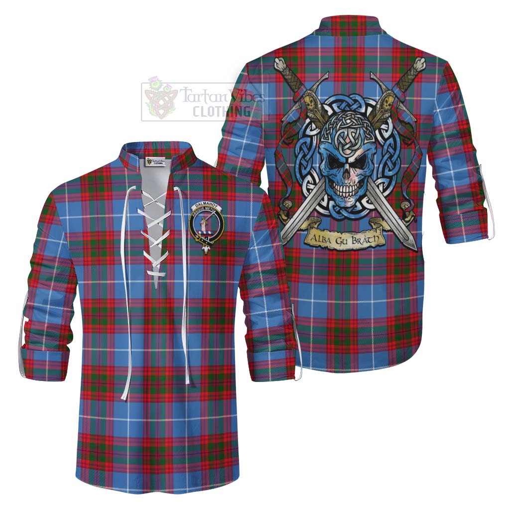 Tartan Vibes Clothing Dalmahoy Tartan Ghillie Kilt Shirt with Family Crest Celtic Skull Style