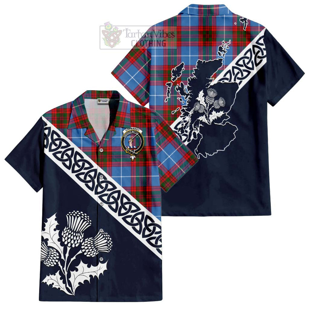 Tartan Vibes Clothing Dalmahoy Tartan Short Sleeve Button Shirt Featuring Thistle and Scotland Map