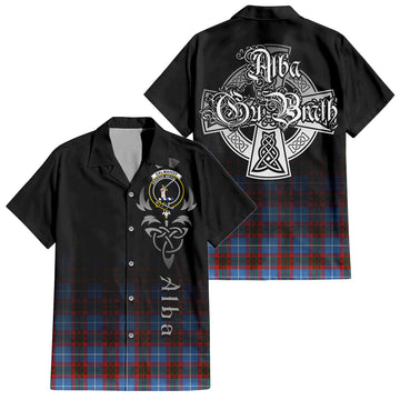 Dalmahoy Tartan Short Sleeve Button Up Featuring Alba Gu Brath Family Crest Celtic Inspired