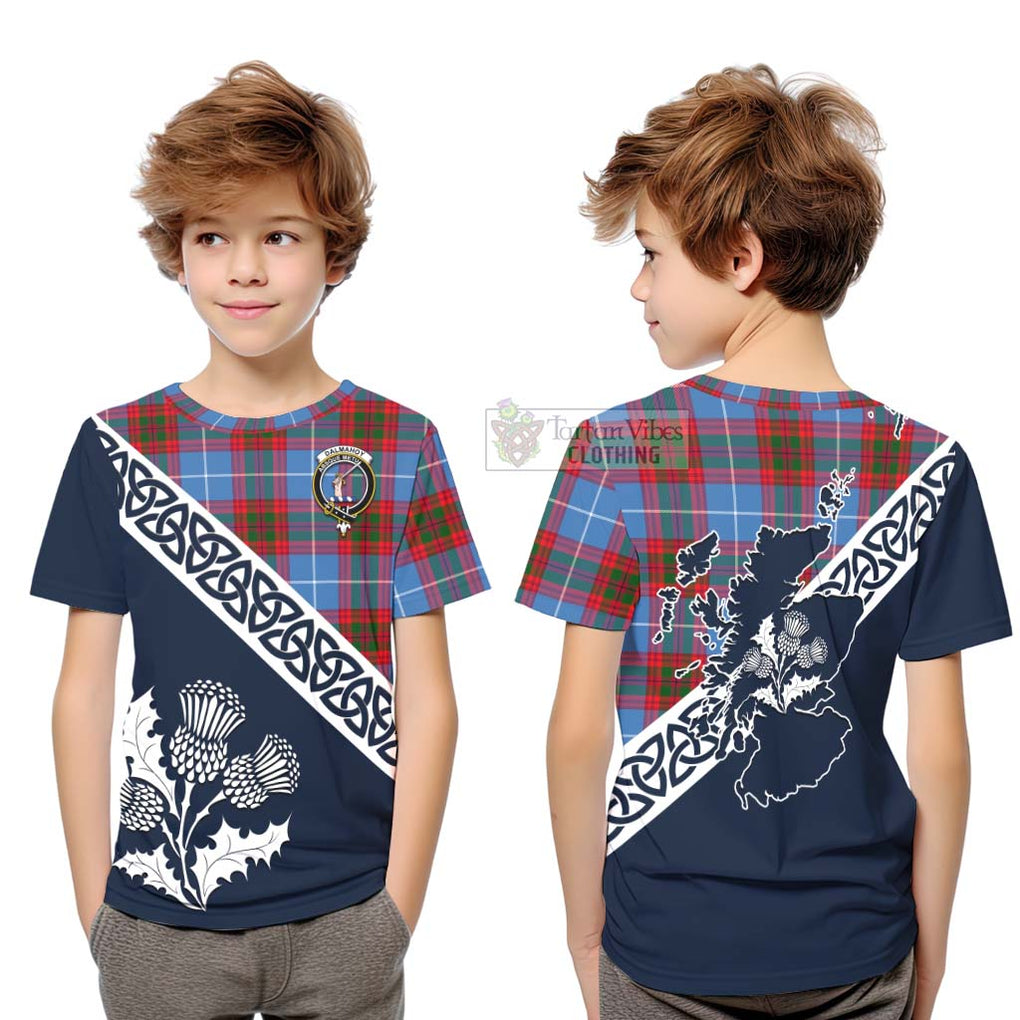 Tartan Vibes Clothing Dalmahoy Tartan Kid T-Shirt Featuring Thistle and Scotland Map