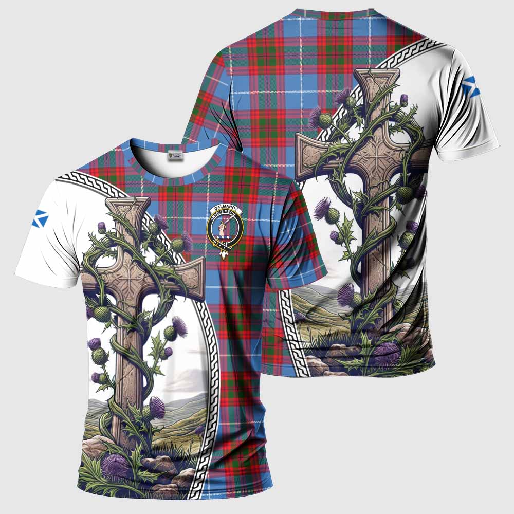 Tartan Vibes Clothing Dalmahoy Agnew Tartan T-Shirt with Family Crest and St. Andrew's Cross Accented by Thistle Vines