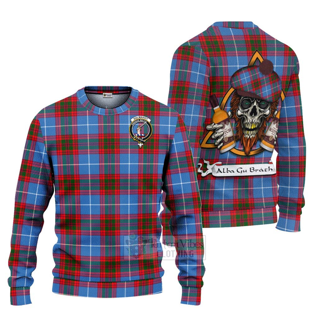 Tartan Vibes Clothing Dalmahoy Tartan Knitted Sweater with Family Crest and Bearded Skull Holding Bottles of Whiskey