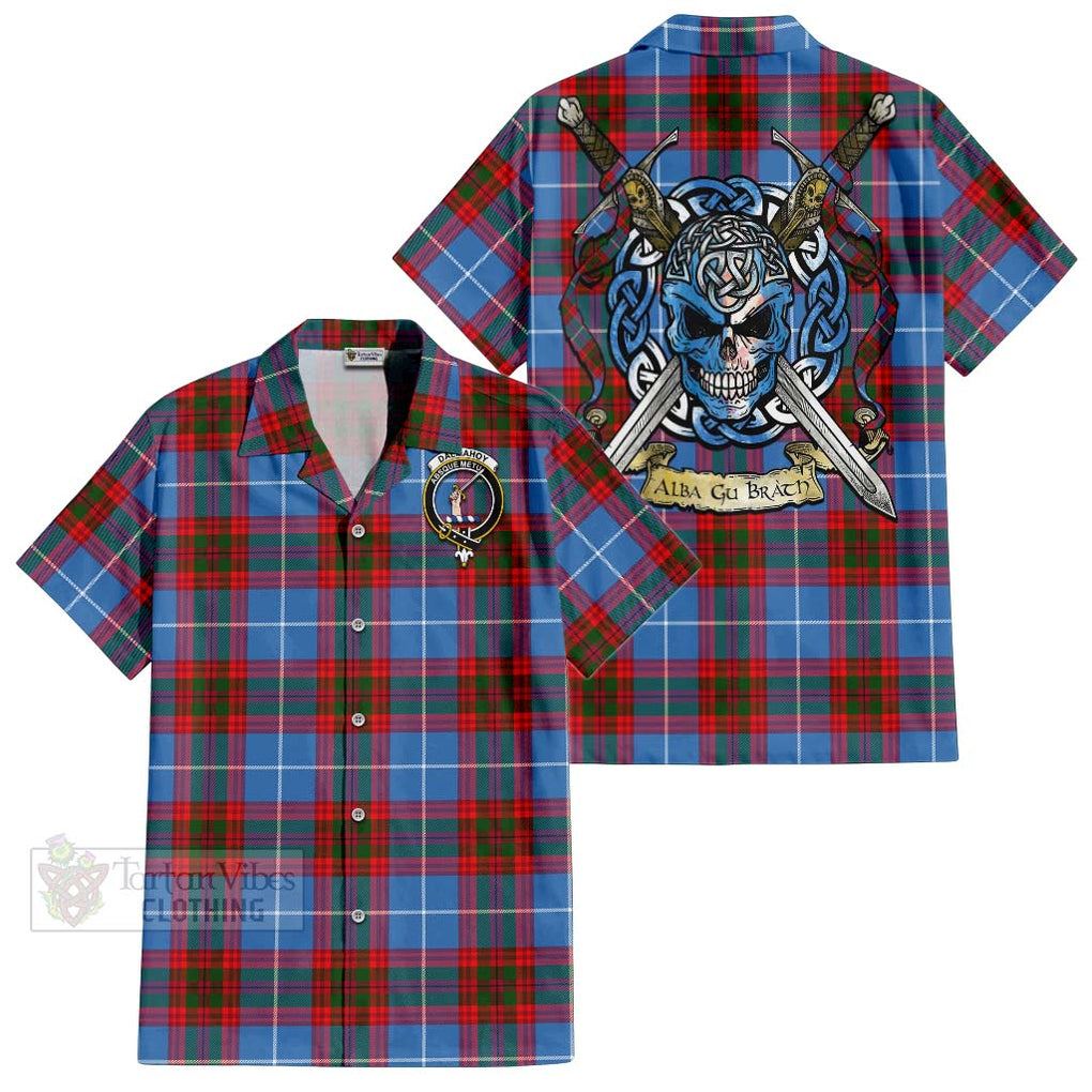 Tartan Vibes Clothing Dalmahoy Tartan Short Sleeve Button Shirt with Family Crest Celtic Skull Style