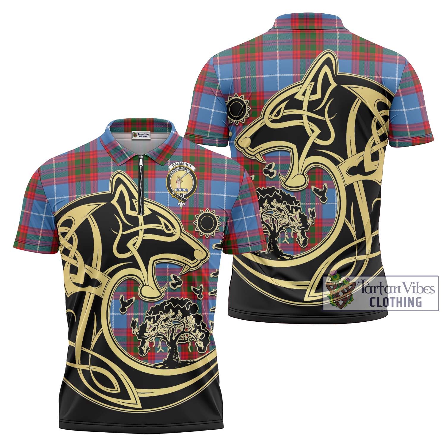 Tartan Vibes Clothing Dalmahoy Tartan Zipper Polo Shirt with Family Crest Celtic Wolf Style