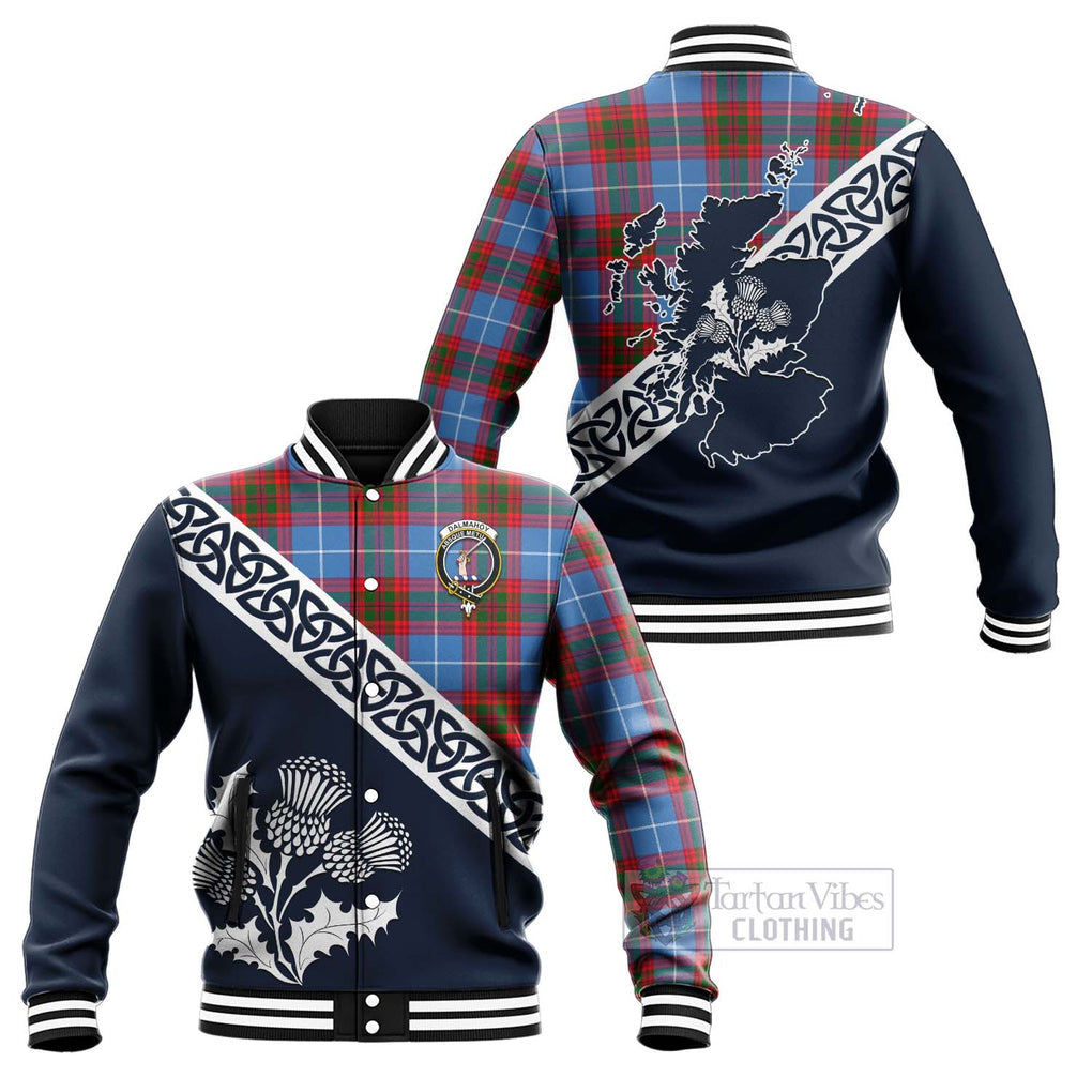 Tartan Vibes Clothing Dalmahoy Tartan Baseball Jacket Featuring Thistle and Scotland Map