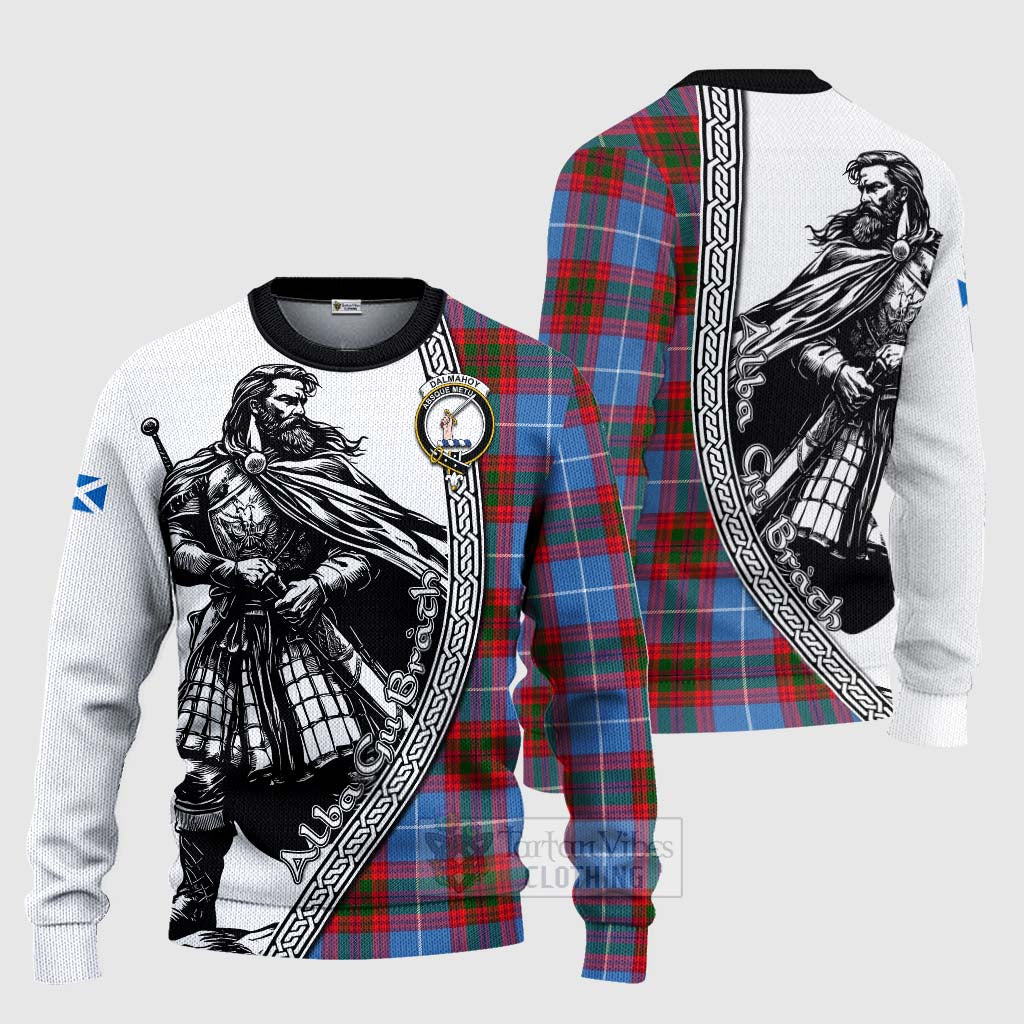 Tartan Vibes Clothing Dalmahoy Tartan Clan Crest Knitted Sweater with Highlander Warrior Celtic Style