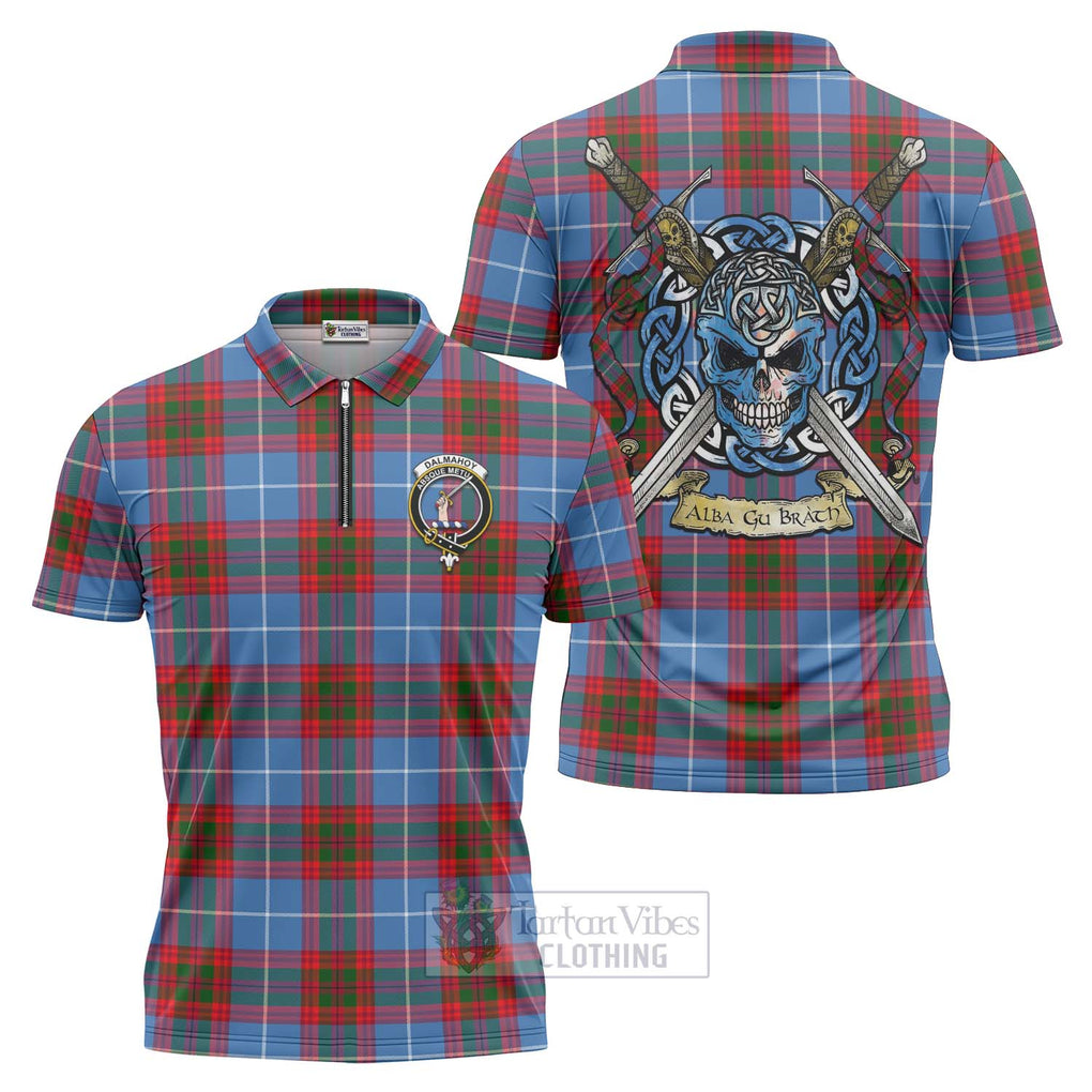 Tartan Vibes Clothing Dalmahoy Tartan Zipper Polo Shirt with Family Crest Celtic Skull Style