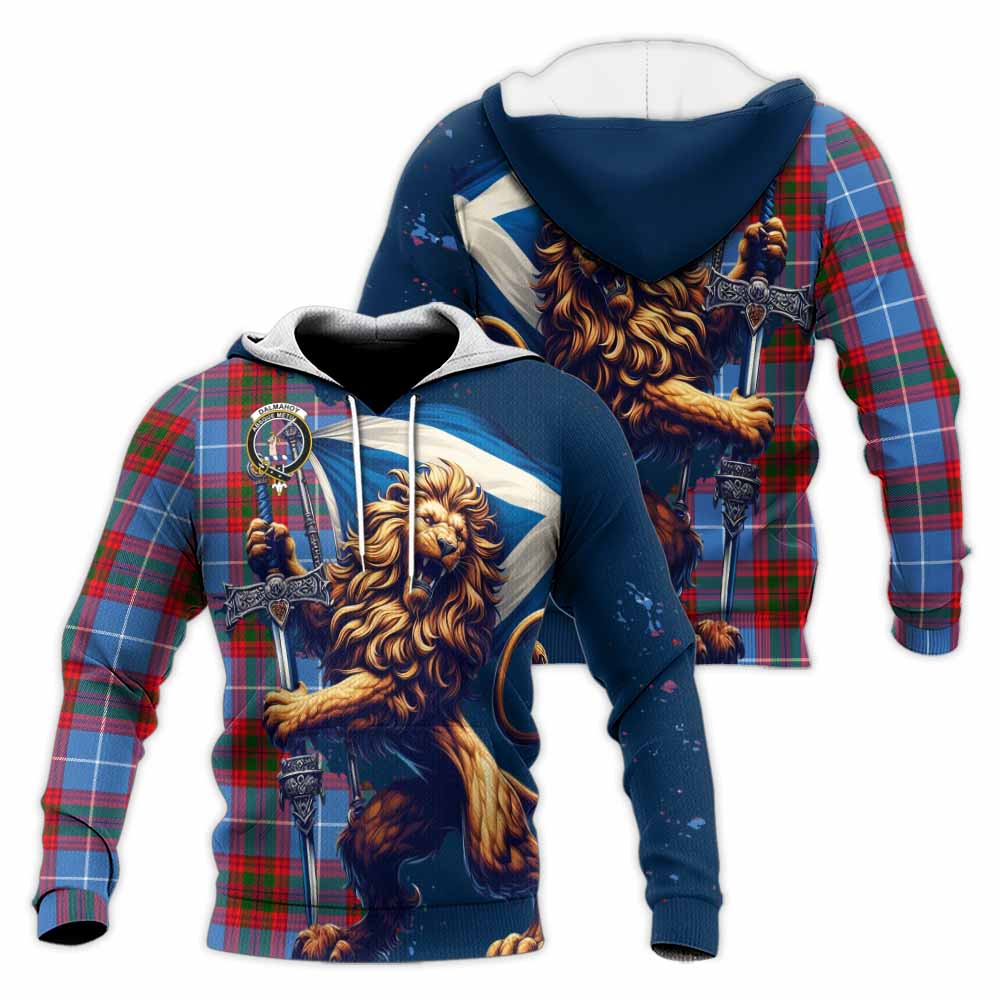 Tartan Vibes Clothing Dalmahoy Tartan Family Crest Knitted Hoodie with Scottish Majestic Lion