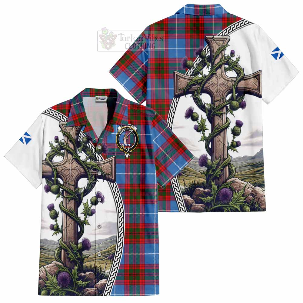 Tartan Vibes Clothing Dalmahoy Tartan Short Sleeve Button Shirt with Family Crest and St. Andrew's Cross Accented by Thistle Vines