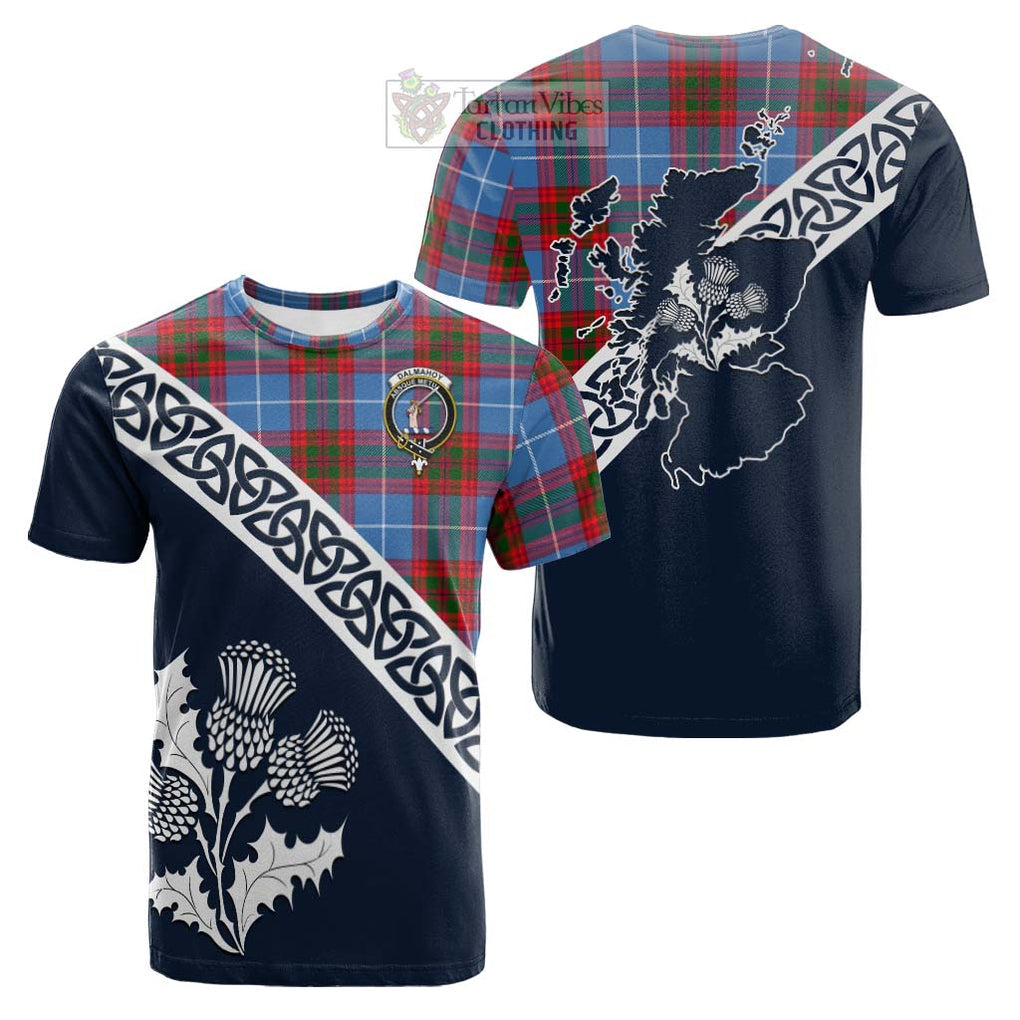 Tartan Vibes Clothing Dalmahoy Tartan Cotton T-shirt Featuring Thistle and Scotland Map