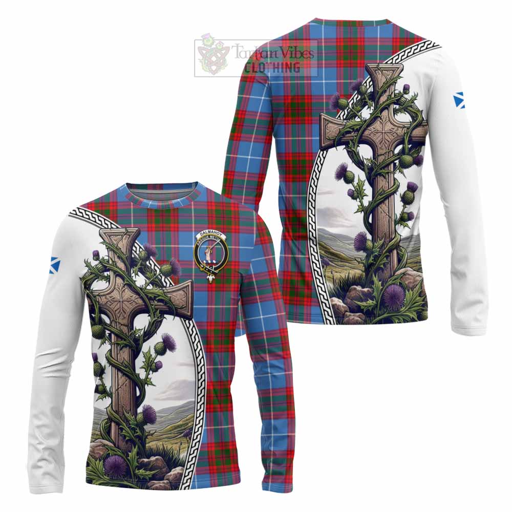 Tartan Vibes Clothing Dalmahoy Tartan Long Sleeve T-Shirt with Family Crest and St. Andrew's Cross Accented by Thistle Vines