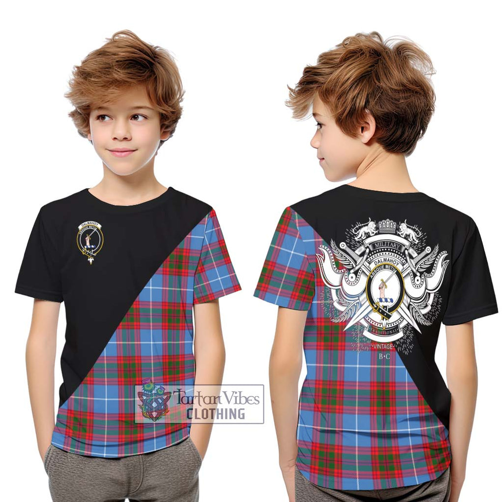 Dalmahoy Tartan Kid T-Shirt with Family Crest and Military Logo Style Youth XL Size14 - Tartanvibesclothing Shop