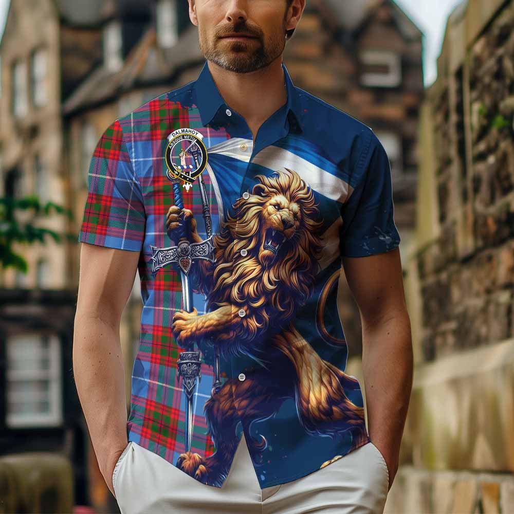 Tartan Vibes Clothing Dalmahoy Tartan Family Crest Short Sleeve Button Shirt with Scottish Majestic Lion