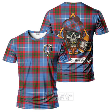 Dalmahoy Tartan T-Shirt with Family Crest and Bearded Skull Holding Bottles of Whiskey