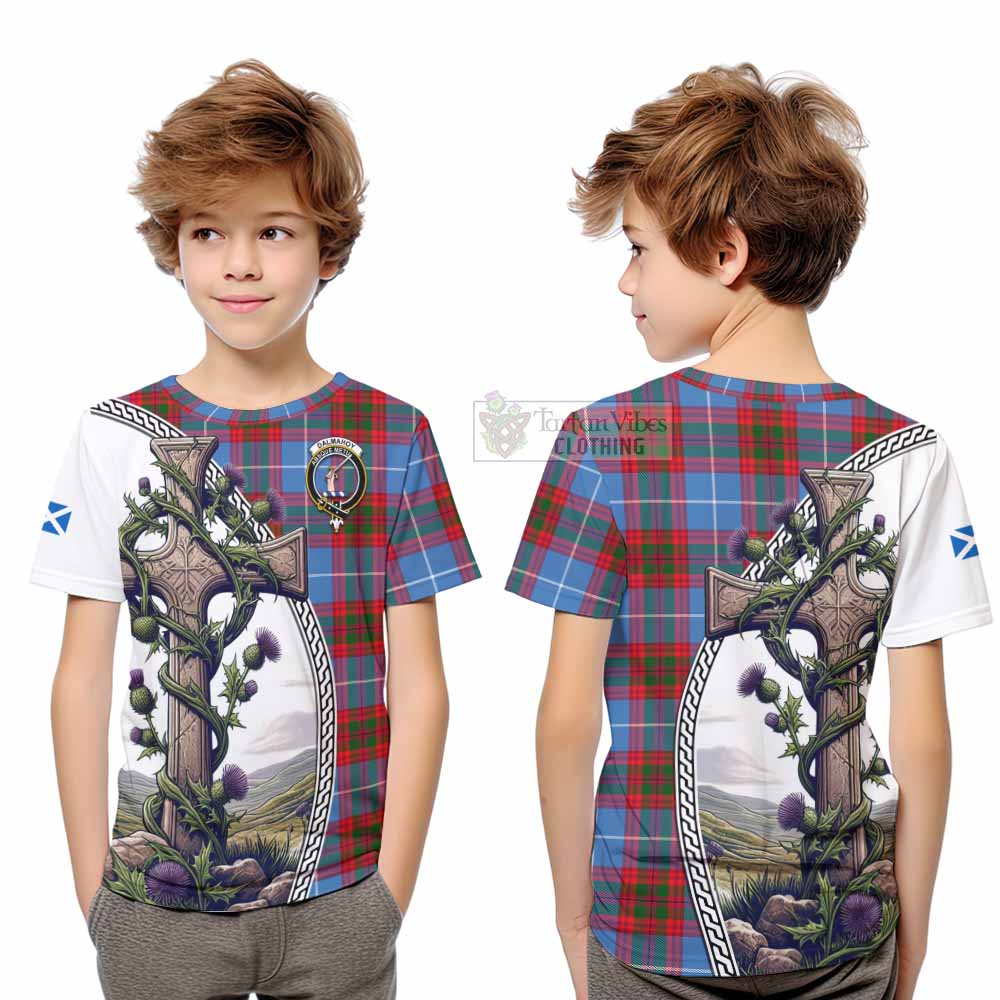 Tartan Vibes Clothing Dalmahoy Tartan Kid T-Shirt with Family Crest and St. Andrew's Cross Accented by Thistle Vines