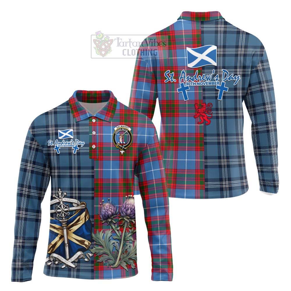 Tartan Vibes Clothing Dalmahoy Tartan Long Sleeve Polo Shirt Happy St. Andrew's Day Half Tartan Style