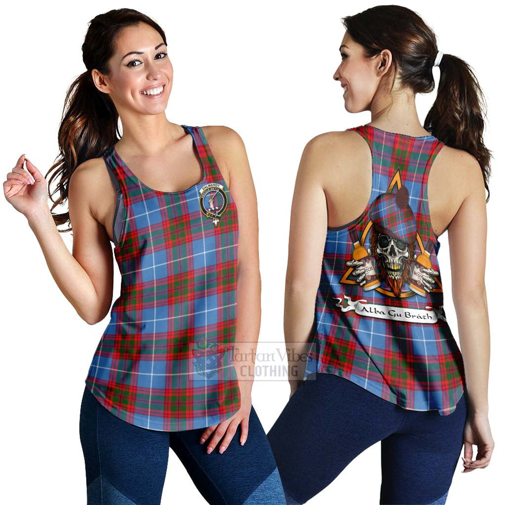 Tartan Vibes Clothing Dalmahoy Tartan Women's Racerback Tanks with Family Crest and Bearded Skull Holding Bottles of Whiskey