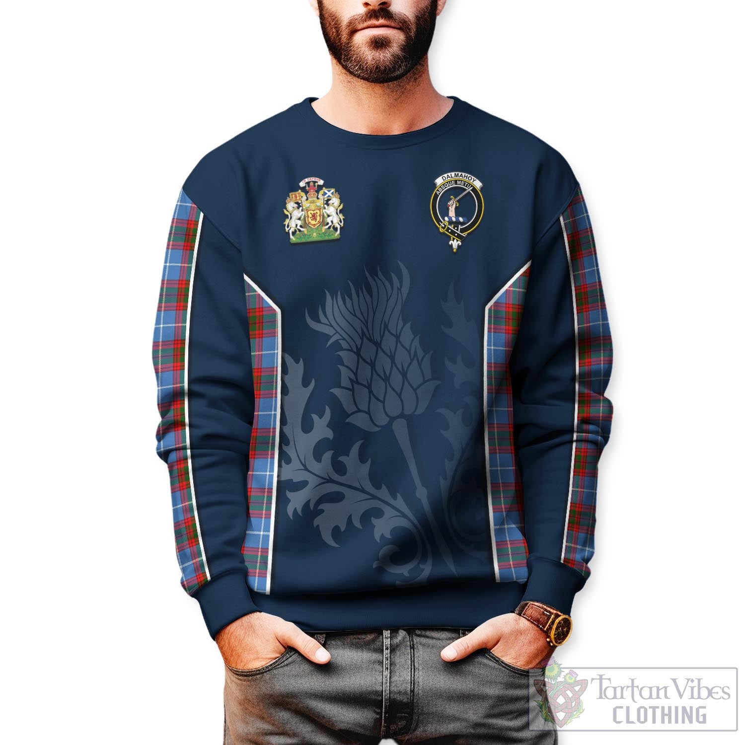 Tartan Vibes Clothing Dalmahoy Tartan Sweatshirt with Family Crest and Scottish Thistle Vibes Sport Style