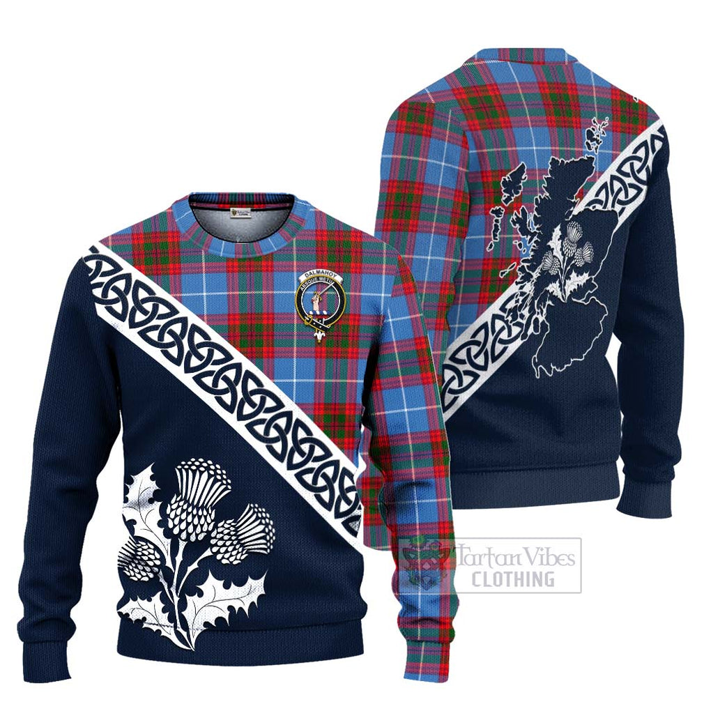 Tartan Vibes Clothing Dalmahoy Tartan Knitted Sweater Featuring Thistle and Scotland Map