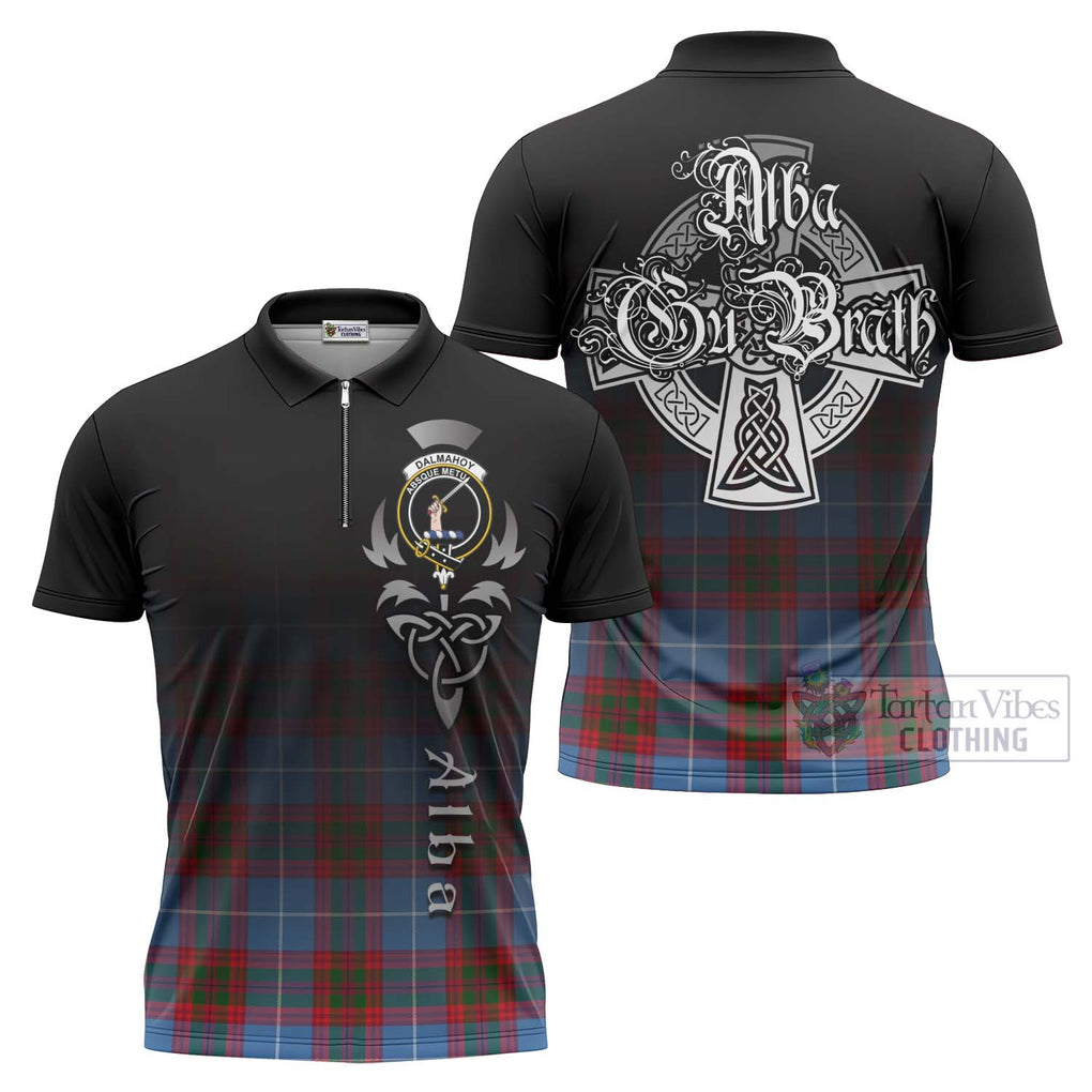 Tartan Vibes Clothing Dalmahoy Tartan Zipper Polo Shirt Featuring Alba Gu Brath Family Crest Celtic Inspired