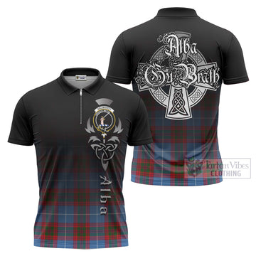 Dalmahoy Tartan Zipper Polo Shirt Featuring Alba Gu Brath Family Crest Celtic Inspired