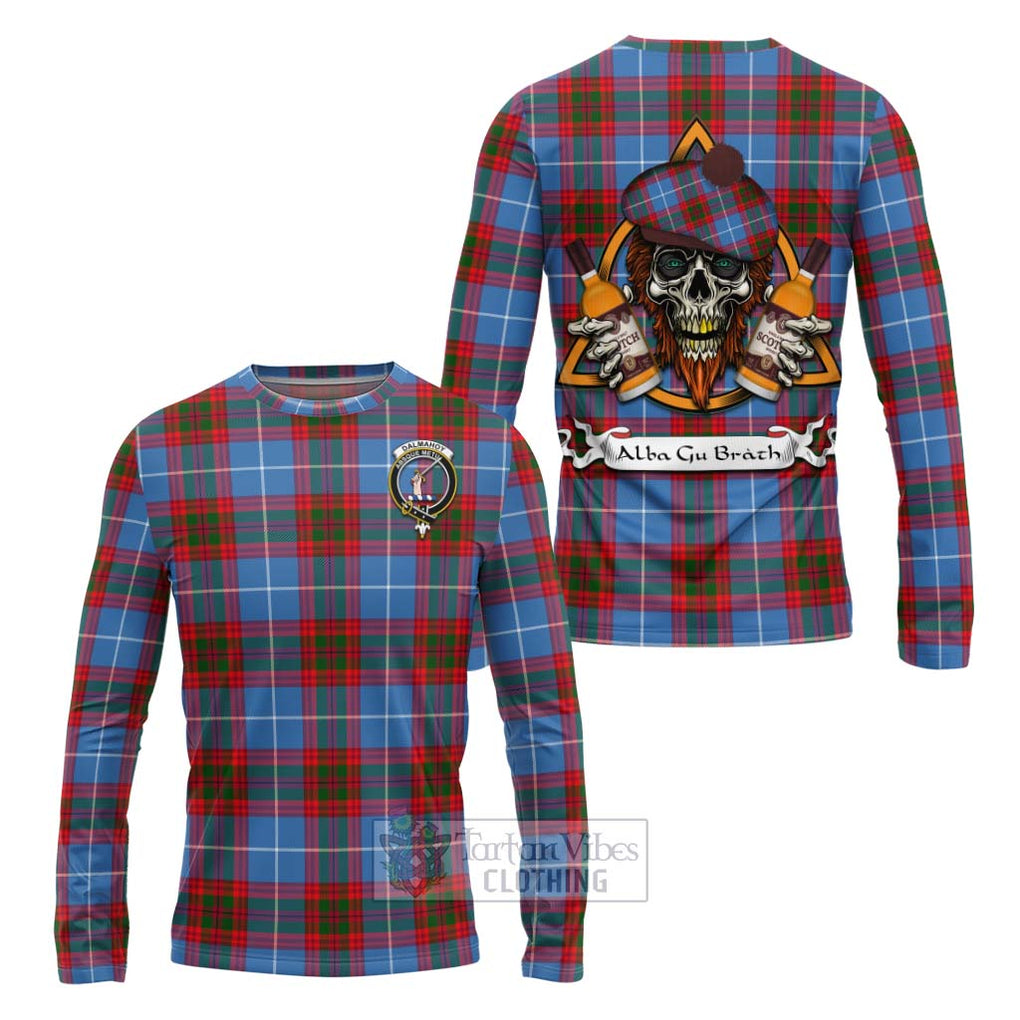 Tartan Vibes Clothing Dalmahoy Tartan Long Sleeve T-Shirt with Family Crest and Bearded Skull Holding Bottles of Whiskey