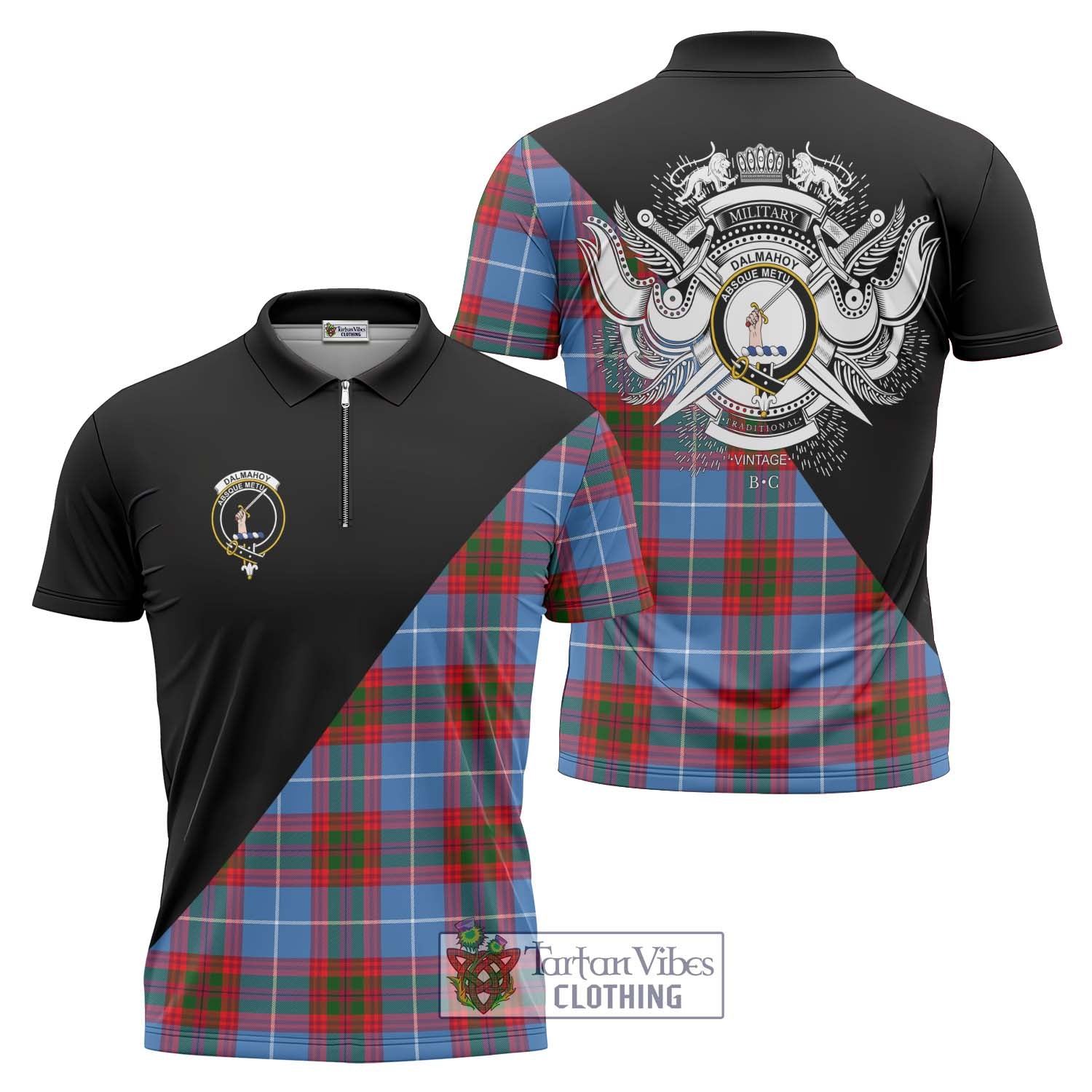 Tartan Vibes Clothing Dalmahoy Tartan Zipper Polo Shirt with Family Crest and Military Logo Style