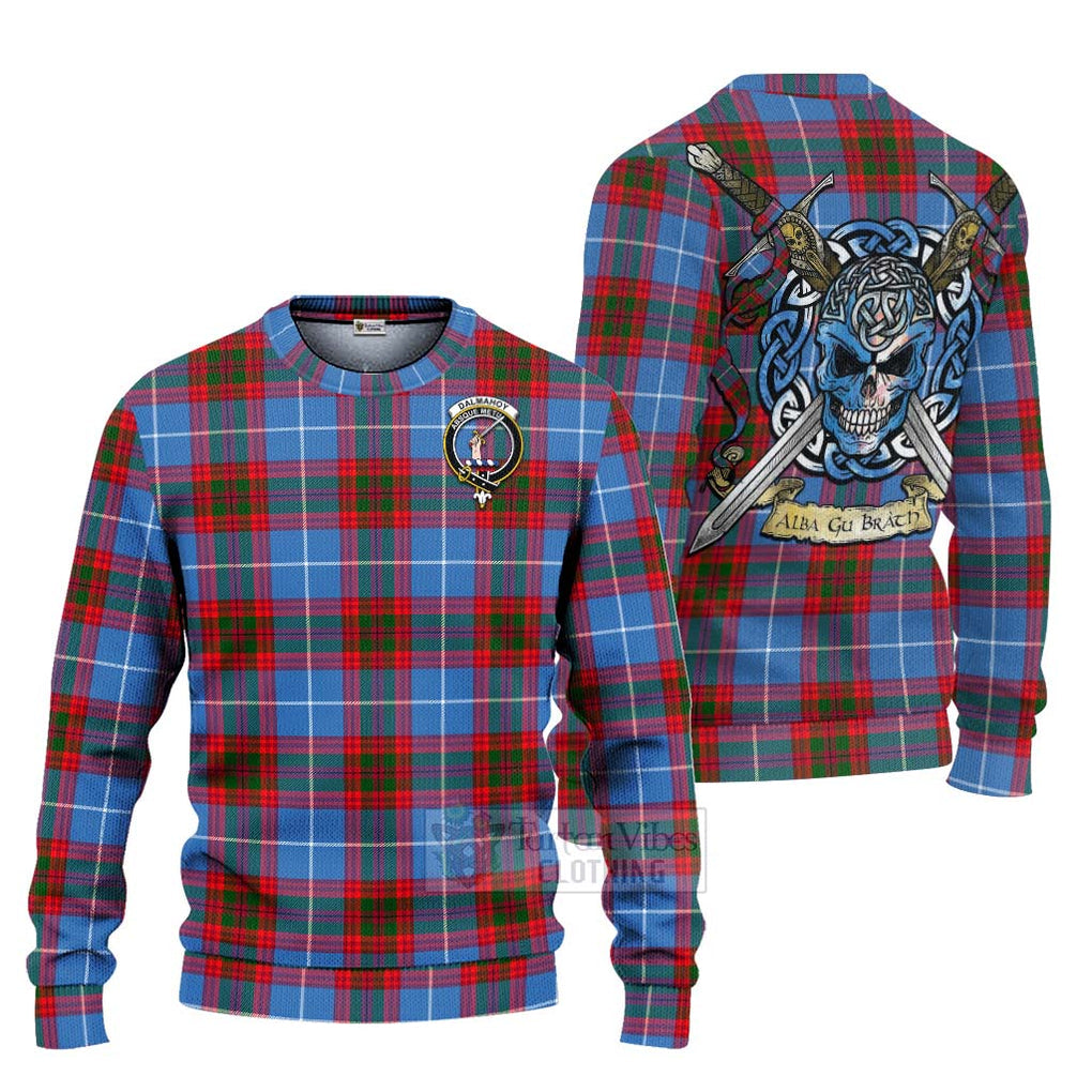 Tartan Vibes Clothing Dalmahoy Tartan Knitted Sweater with Family Crest Celtic Skull Style