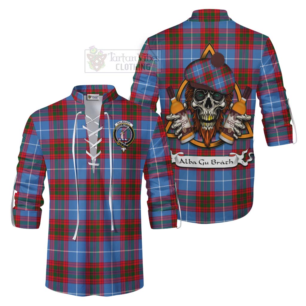 Tartan Vibes Clothing Dalmahoy Tartan Ghillie Kilt Shirt with Family Crest and Bearded Skull Holding Bottles of Whiskey