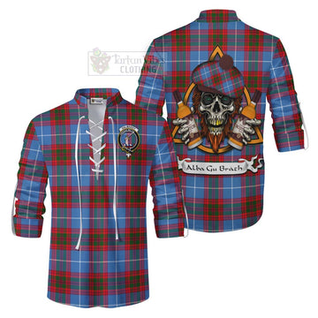 Dalmahoy Tartan Ghillie Kilt Shirt with Family Crest and Bearded Skull Holding Bottles of Whiskey