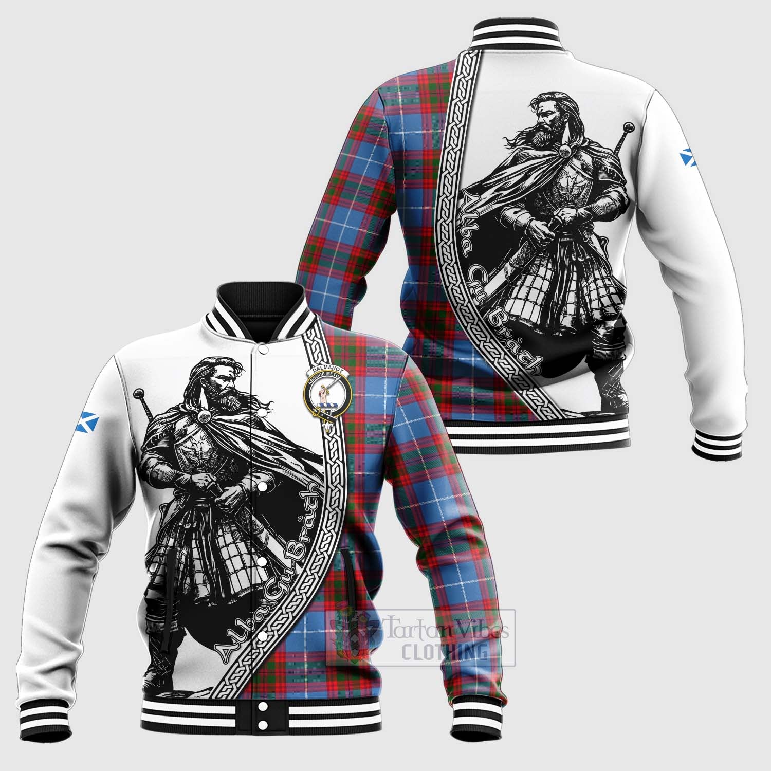 Tartan Vibes Clothing Dalmahoy Tartan Clan Crest Baseball Jacket with Highlander Warrior Celtic Style