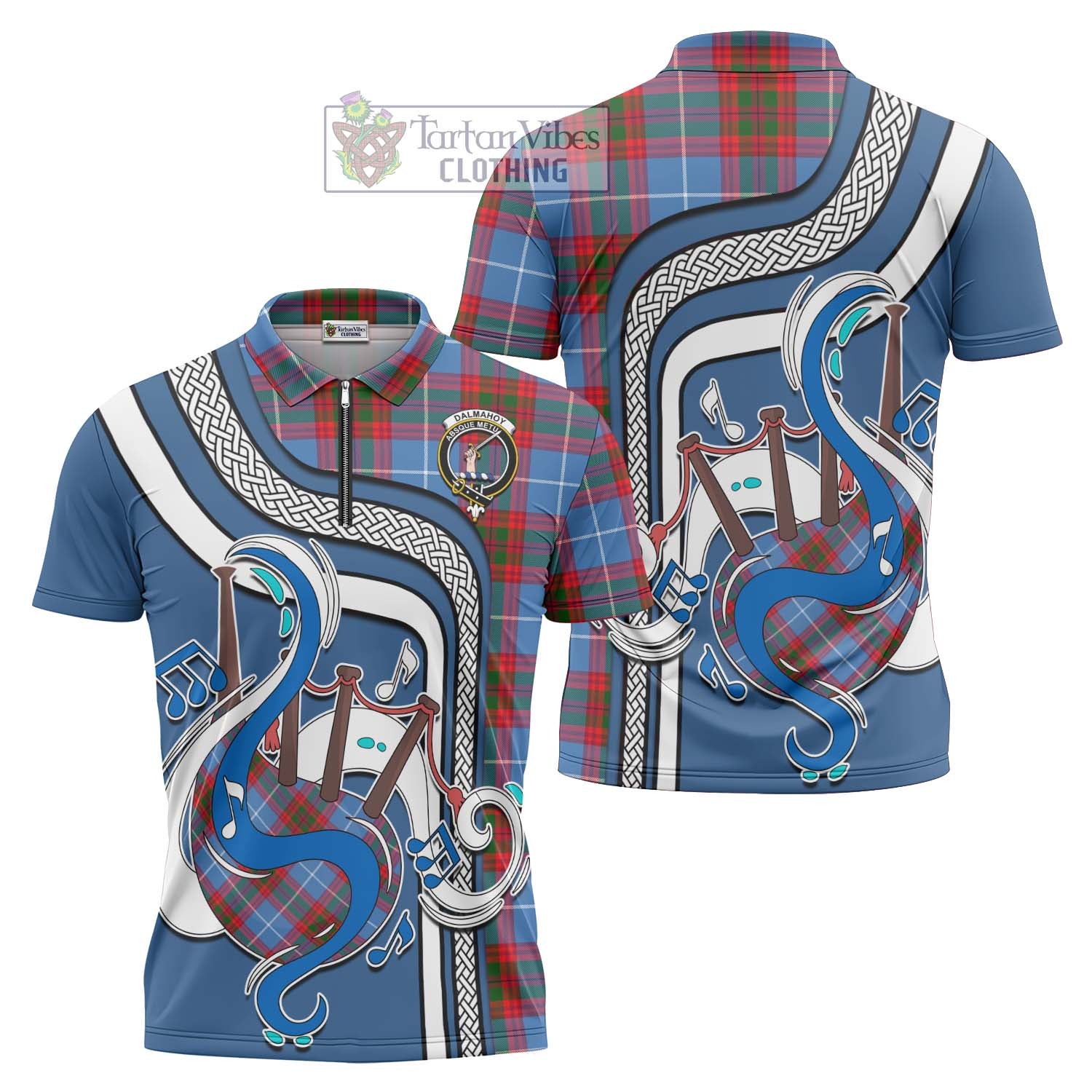 Tartan Vibes Clothing Dalmahoy Tartan Zipper Polo Shirt with Epic Bagpipe Style