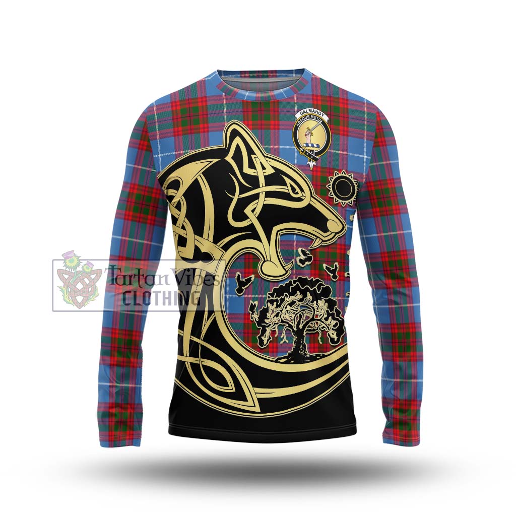 Tartan Vibes Clothing Dalmahoy Tartan Long Sleeve T-Shirt with Family Crest Celtic Wolf Style