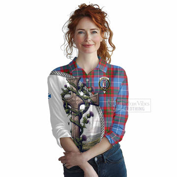 Dalmahoy Tartan Women's Casual Shirt with Family Crest and St. Andrew's Cross Accented by Thistle Vines