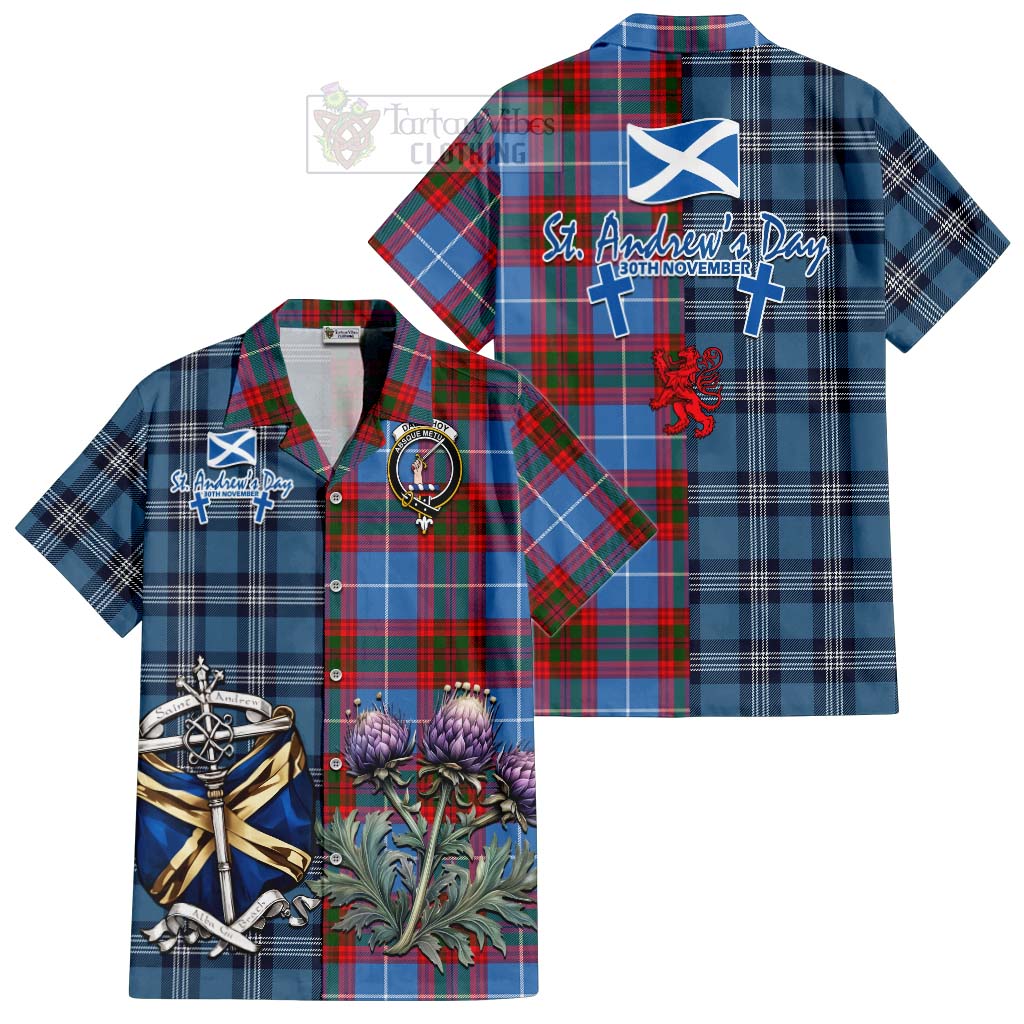 Tartan Vibes Clothing Dalmahoy Tartan Short Sleeve Button Shirt Happy St. Andrew's Day Half Tartan Style