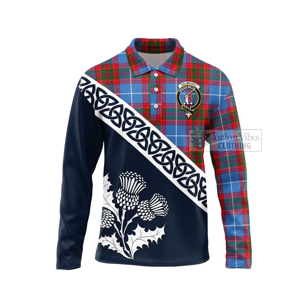 Tartan Vibes Clothing Dalmahoy Tartan Long Sleeve Polo Shirt Featuring Thistle and Scotland Map