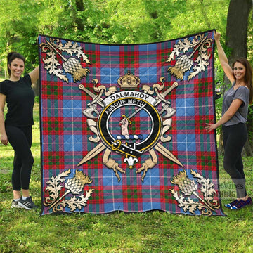 Dalmahoy Tartan Quilt with Family Crest and Golden Thistle Crossed Sword Design