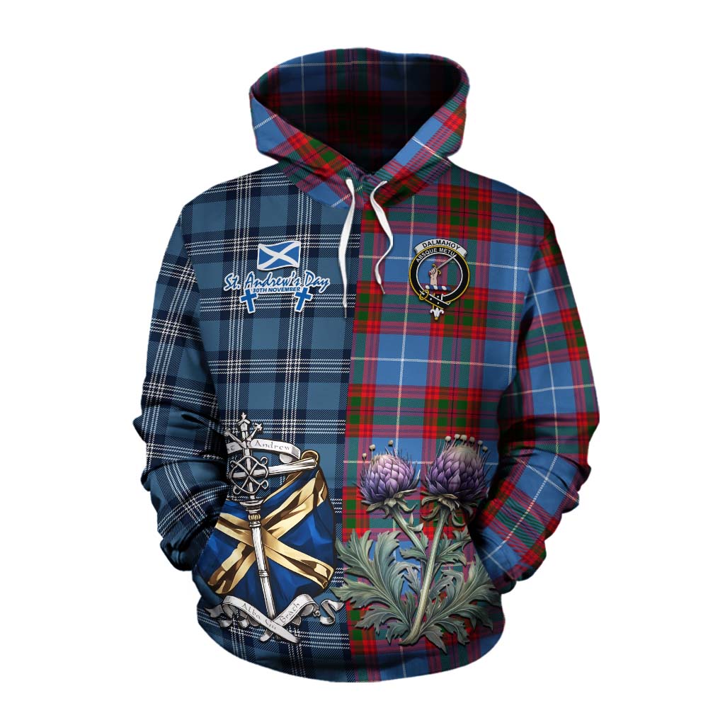 Tartan Vibes Clothing Dalmahoy Tartan Cotton Hoodie Happy St. Andrew's Day Half Tartan Style