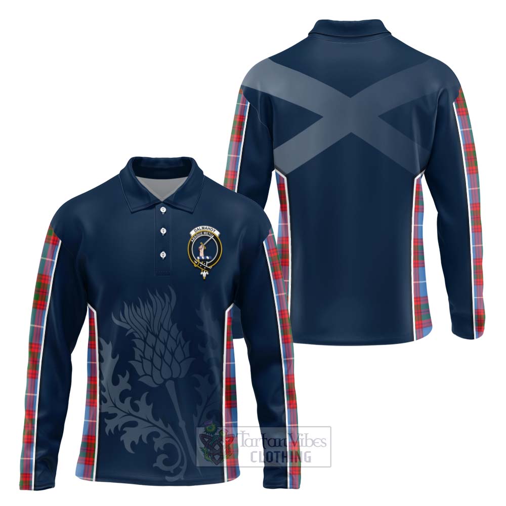 Tartan Vibes Clothing Dalmahoy Tartan Long Sleeve Polo Shirt with Family Crest and Scottish Thistle Vibes Sport Style