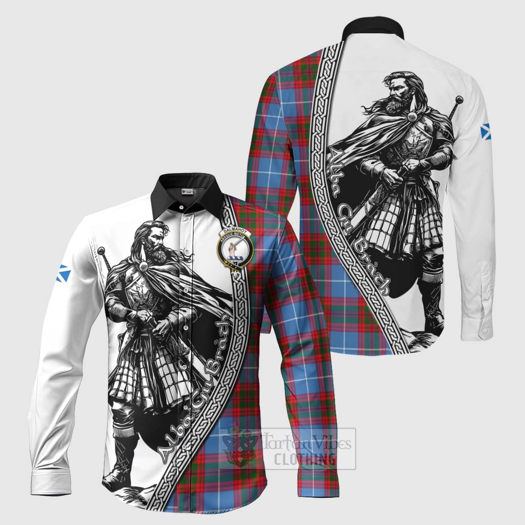 Tartan Vibes Clothing Dalmahoy Tartan Clan Crest Long Sleeve Button Shirt with Highlander Warrior Celtic Style