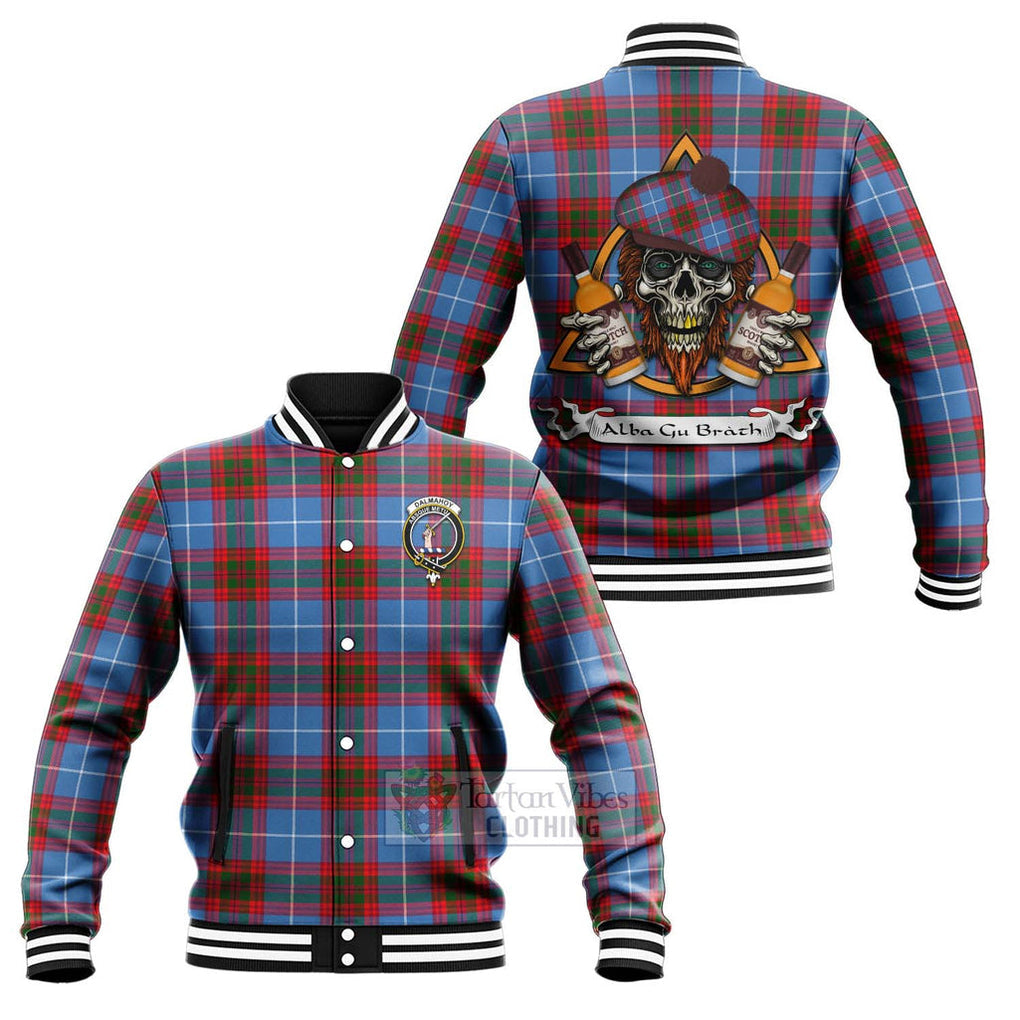 Tartan Vibes Clothing Dalmahoy Tartan Baseball Jacket with Family Crest and Bearded Skull Holding Bottles of Whiskey