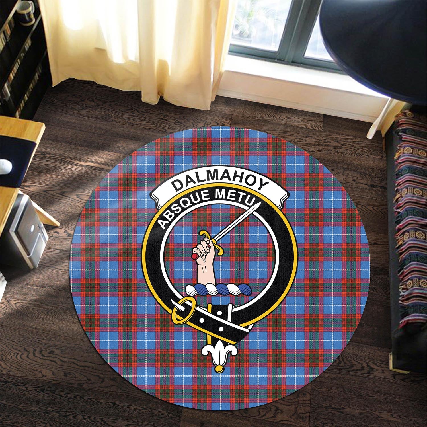 Dalmahoy Tartan Round Rug with Family Crest - Tartanvibesclothing