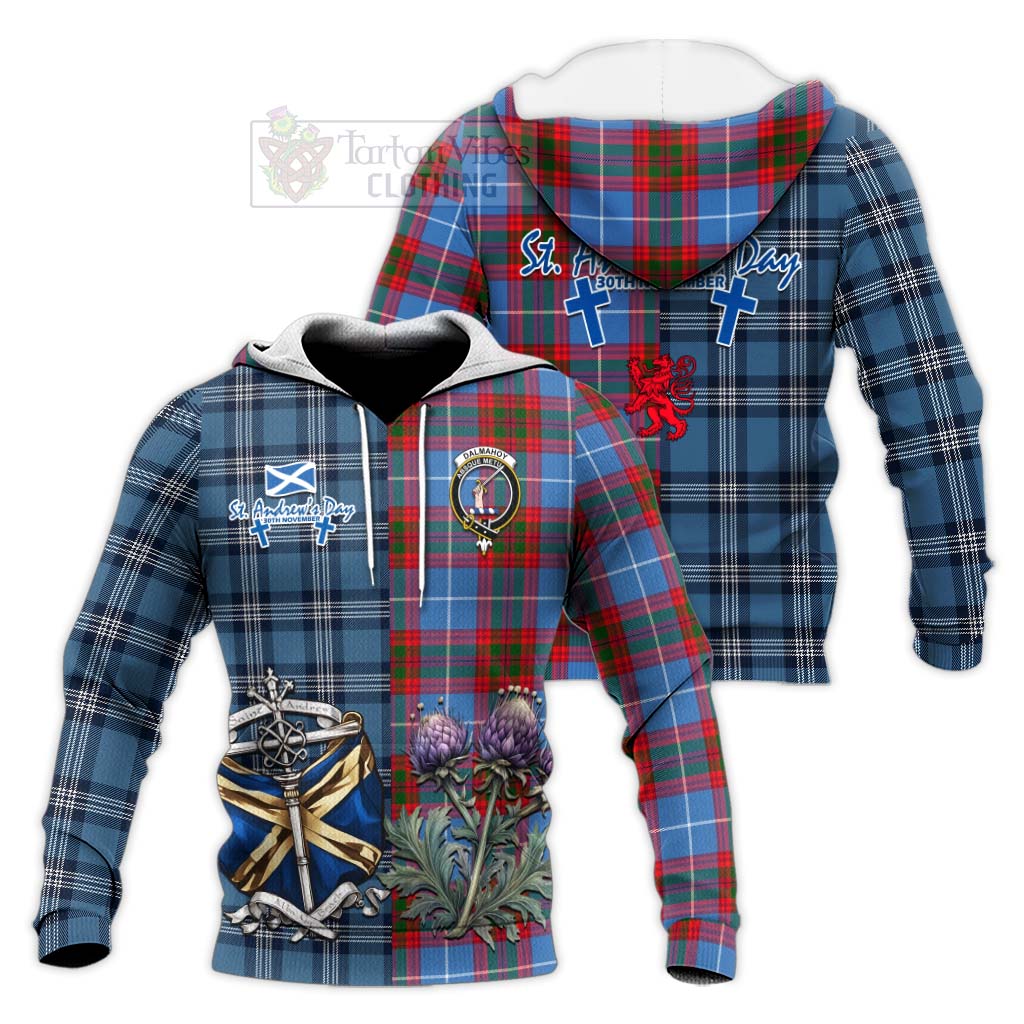 Tartan Vibes Clothing Dalmahoy Tartan Knitted Hoodie Happy St. Andrew's Day Half Tartan Style