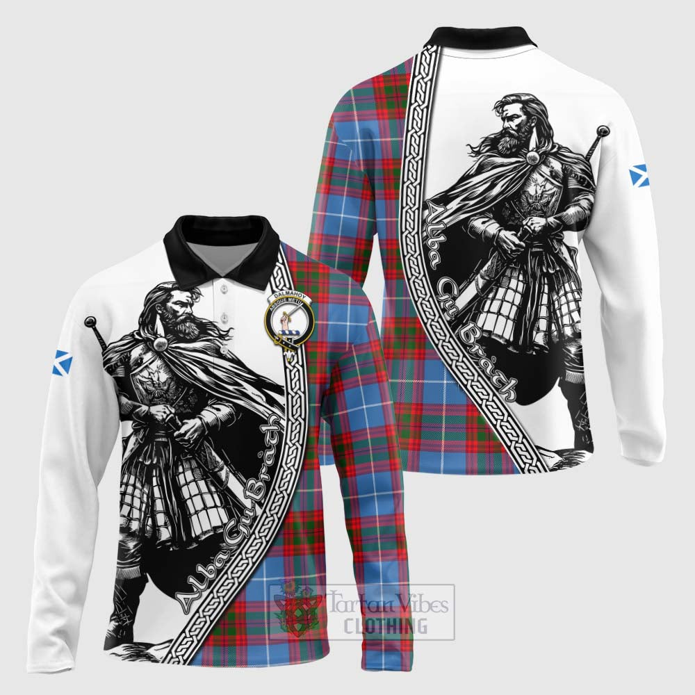 Tartan Vibes Clothing Dalmahoy Tartan Clan Crest Long Sleeve Polo Shirt with Highlander Warrior Celtic Style