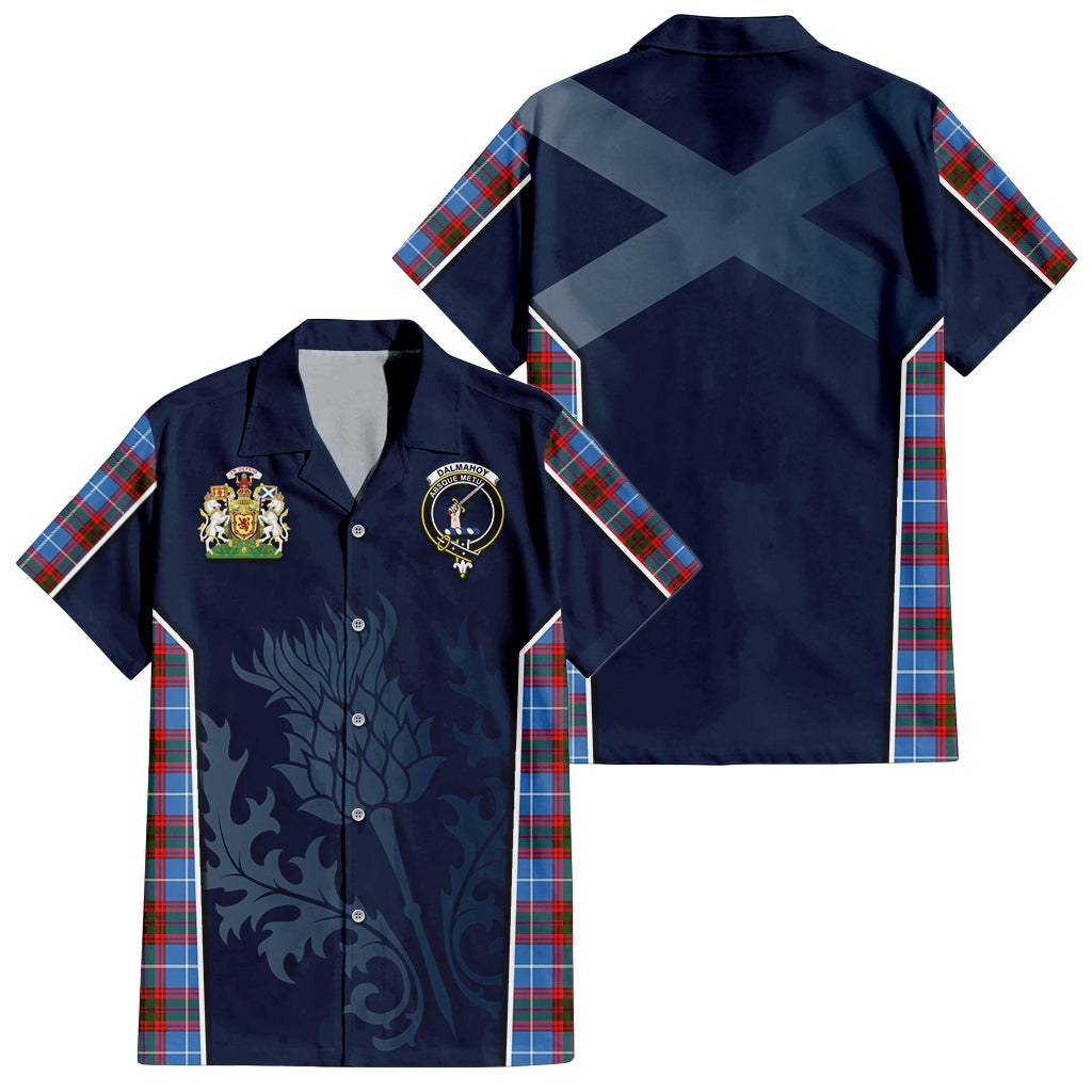 Tartan Vibes Clothing Dalmahoy Tartan Short Sleeve Button Up Shirt with Family Crest and Scottish Thistle Vibes Sport Style