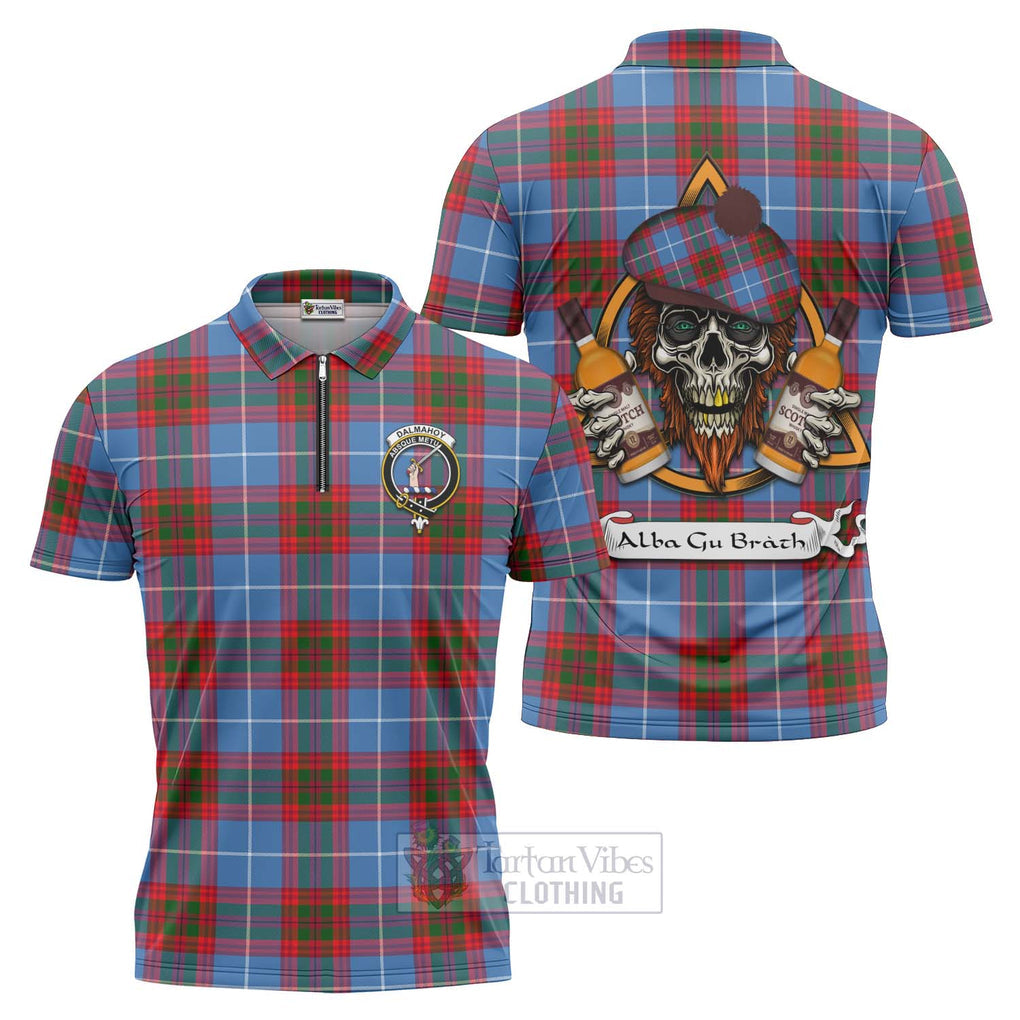 Tartan Vibes Clothing Dalmahoy Tartan Zipper Polo Shirt with Family Crest and Bearded Skull Holding Bottles of Whiskey