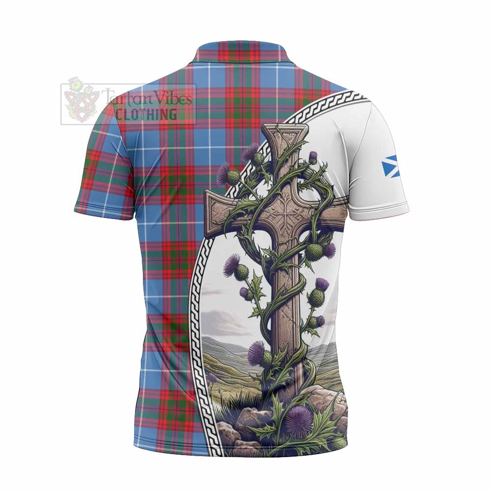 Tartan Vibes Clothing Dalmahoy Tartan Zipper Polo Shirt with Family Crest and St. Andrew's Cross Accented by Thistle Vines